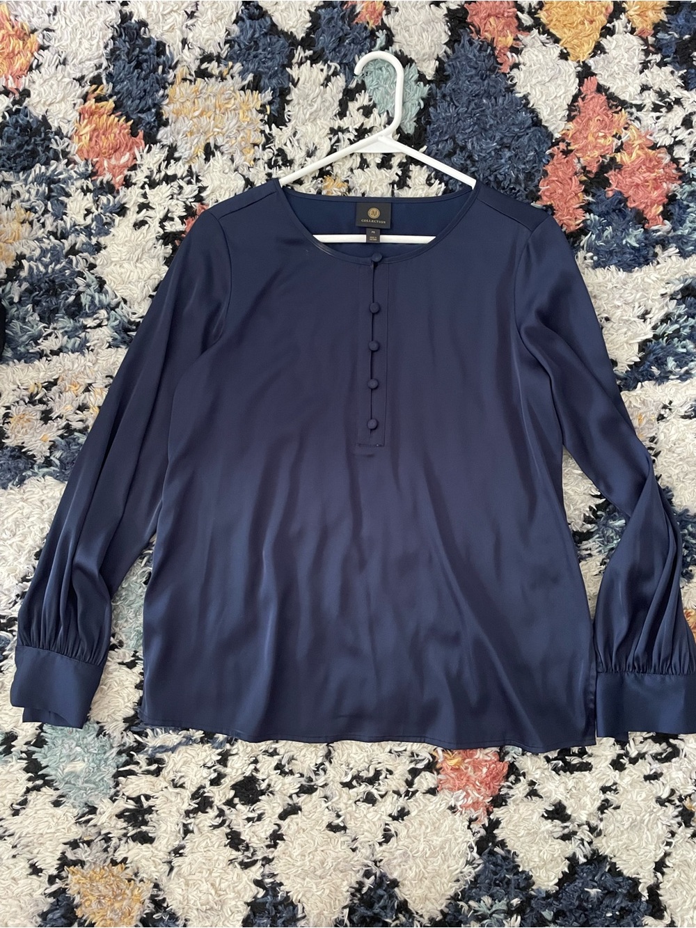 JM Collection Navy Satin Button-Front Long Sleeve Blouse